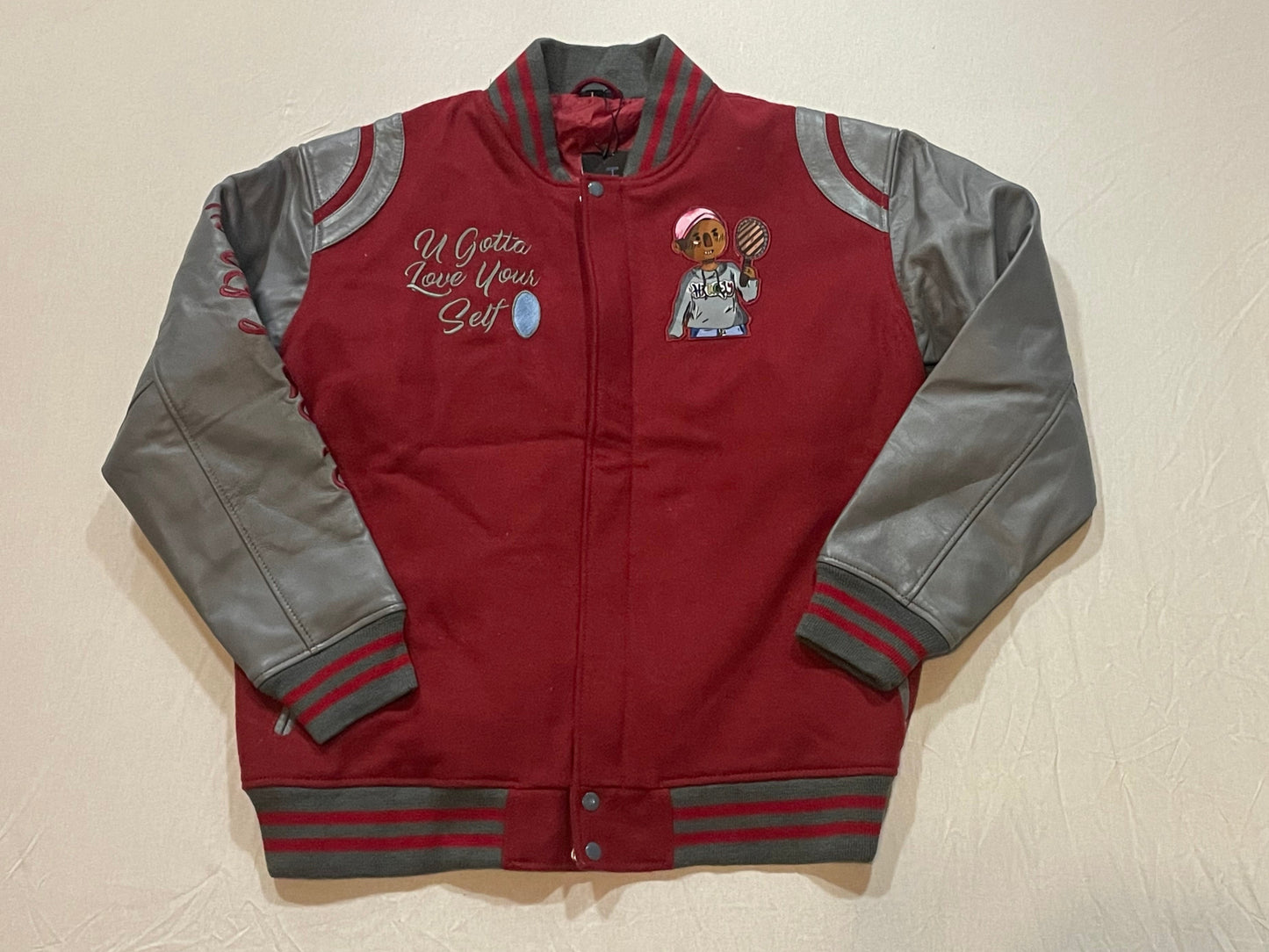Burgundy and grey varsity jacket