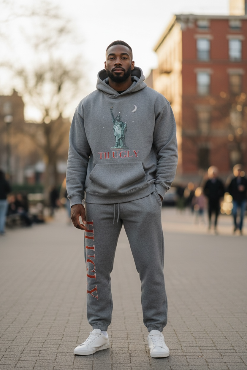 Gray liberty sweatsuit Red writing ￼
