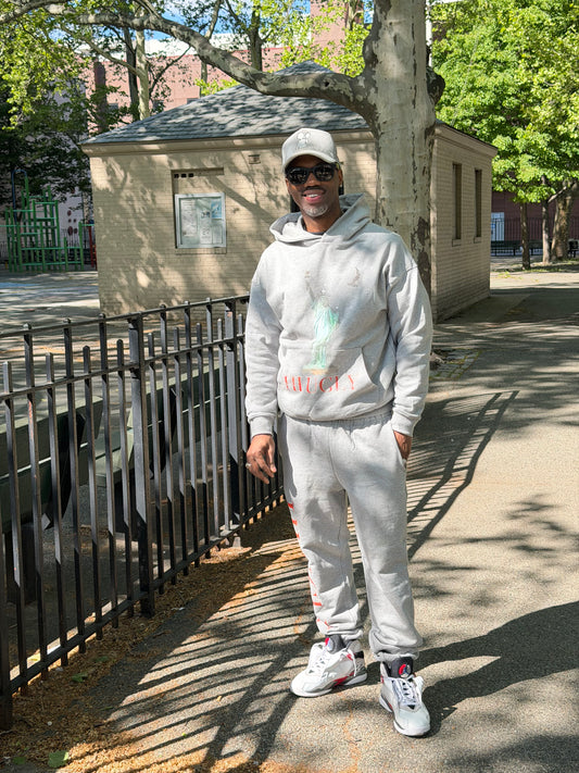 Gray liberty sweatsuit Red writing ￼